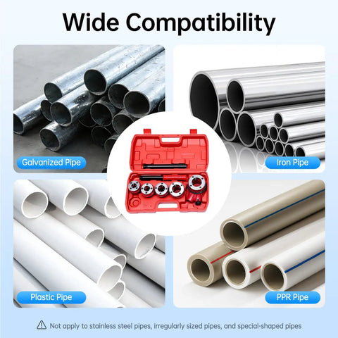 Heavy Duty Ratchet Pipe Threader Kit With Five Swappable Die Heads For Galvanized And Steel Tubing shown with various pipe types.