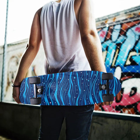 Person holding skateboard with Electric Blue Wave Pattern Grippy Tape For Skateboards Waterproof Non Slip Surface 33x9 Inch