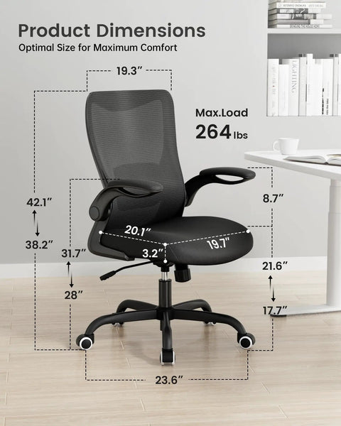 Ergonomic Desk Chair With Adjustable Lumbar Support And Flip Up Armrests, Breathable Mesh Office Chair for Home Office dimensions