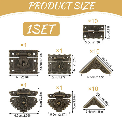 Top Shelf Antique Brass Jewelry Box Hardware Set Featuring Ornate Latches Rock Solid Hinges Rustic Carry Handle Premium Mounting Screws For Quality DIY Woodworking Cabinet Restoration Projects product size chart with detailed measurements