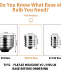Comparison chart of bulb bases E26, C9/E17, and C7/E12 with measurements, highlighting E17 for 24 Pack Edison Style Replacement Bulbs For Outdoor String Lights 7W E17 ST40 Clear Glass Lamps Warm White 2300K Waterproof Aluminum Base UL Listed 120V Perfect For Patio Porch And Garden Ambience Cozy Vibes.