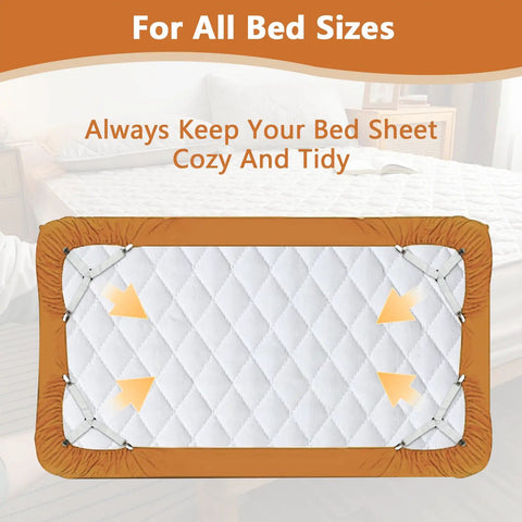 Diagram showing Four Pack Bed Sheet Straps With Metal Clips, Adjustable Elastic Fitted Sheet Holders on mattress corners.