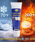Low Noise Gear Grease For Plastic Gears 1 Oz White Lithium Lubricant, tube with cold and hot backgrounds, temp range -70°F to 260°F