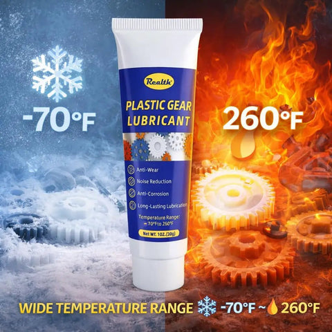 Low Noise Gear Grease For Plastic Gears 1 Oz White Lithium Lubricant, tube with cold and hot backgrounds, temp range -70°F to 260°F