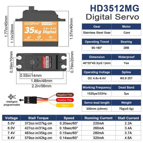 HobbyPark HD3512MG waterproof high-torque RC servo with metal gear; 35Kg, 4.8–8.4V, 25T spline, front view.
