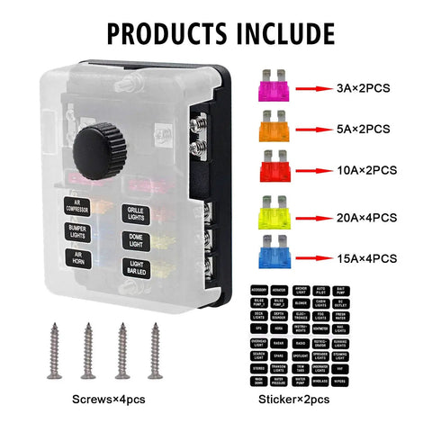 Six Way 12V Blade Fuse Box With Negative Bus, Waterproof 6 Circuit Fuse Block, LED Indicator, fuse sizes stickers screws