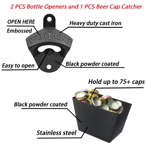 Rock Solid Black Cast Iron Wall Mounted Bottle Opener With Cap Catcher Tray For Beer And Soda Badass Metal Bar Accessory with embossed opener.