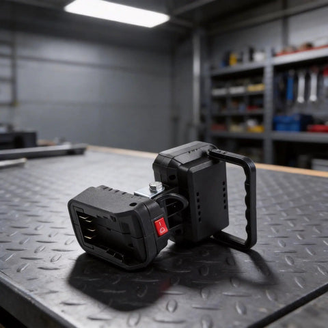 Cordless Work Light for 18V for battery High Brightness LED Floodlight with sturdy handle and power switch on a workbench.