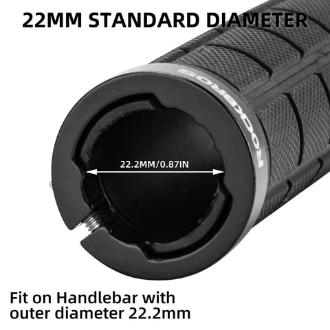 Close-up of Double Lock On Bike Handlebar Grip showing 22mm diameter, black rubber, and locking mechanism.