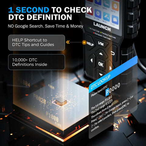 CR529 OBD2 Scanner For Cars After 1996 Full OBD2 Diagnostics With Read And Erase Codes, displaying DTC lookup feature screen.