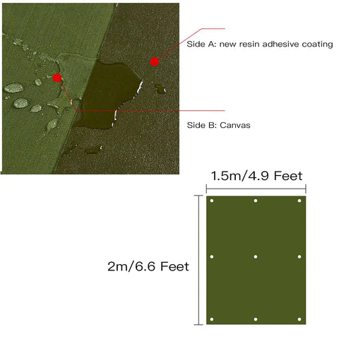 Beefy Weatherproof Canvas Tarp For Outdoors Highly Durable Waterproof Tarpaulin Shelter diagram, resin coating and canvas sides, 6.6 x 4.9 ft
