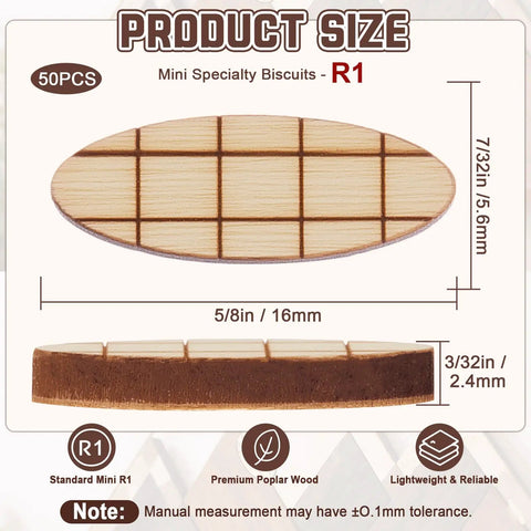 Diagram showing size of 50 Pack Pro Grade Poplar Wood Joiner Biscuits For R1 Micro Joiner, dimensions labeled.