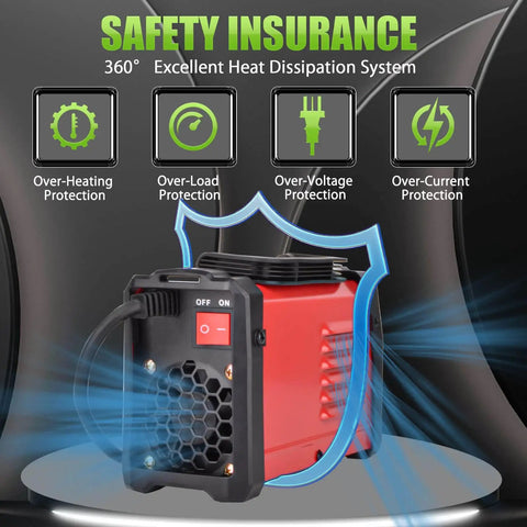 200 Amp Portable Stick Welder 110V IGBT Inverter With Hot Start Arc Force Anti-Stick, rear view, safety protections displayed