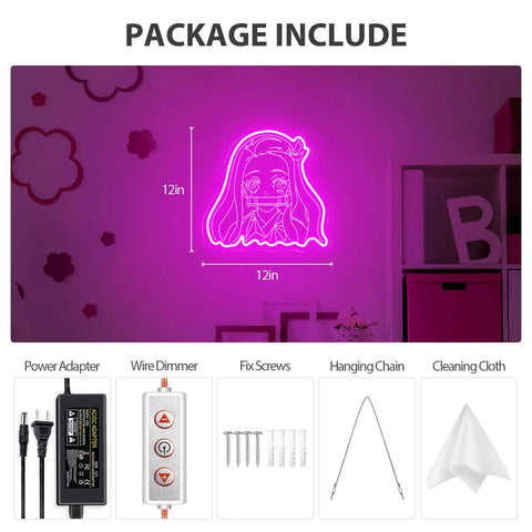Kamado Nezuko Neon Sign Handmade Anime LED Night Light For Bedroom Wall Decor Pink 12x12 Inches Package Contents
