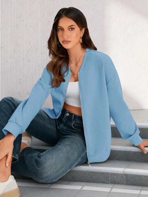 Trendy Long Sleeve Full Zip Sweatshirt Bomber Jackets For Teen Girls Blue Lightweight Soft And Stretchy Loose Fit Size Small