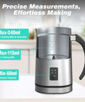 4 In 1 Milk Frother And Steamer For Home Barista-Grade Drinks, One-Touch Hot Or Cold Froth, Milk Warmer, And Hot Chocolate Maker, Large Capacity For Lattes, Cappuccinos, Macchiatos, And Iced Coffee At Home, in a kitchen setting with precise measurements shown on the device.