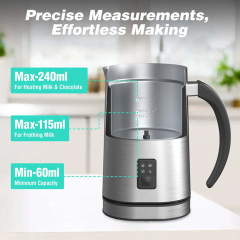 4 In 1 Milk Frother And Steamer For Home Barista-Grade Drinks, One-Touch Hot Or Cold Froth, Milk Warmer, And Hot Chocolate Maker, Large Capacity For Lattes, Cappuccinos, Macchiatos, And Iced Coffee At Home, in a kitchen setting with precise measurements shown on the device.