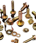 521Pcs Metric Class 8 8 Serrated Hex Cap Flange Bolts Kit scattered on a reflective surface with washers and nuts.