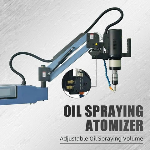 Pro Grade Electric Tapping Machine With Auto Oil Sprayer showing adjustable oil spray atomizer for metalworking tasks.