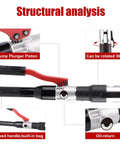 Hydraulic Crimping Tool With 65 MPa Auto Pressure Relief, One Half To One Inch Dies For Copper Pipes And F877 PEX Sleeves, Three Eighths To One Inch Dies For ASTM F1807 PEX Rings, Lightweight Yet Rugged Aluminum Construction, Leak Proof System For Pro, 360° rotating head, oil-return