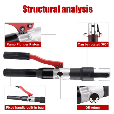 Hydraulic Crimping Tool With 65 MPa Auto Pressure Relief, One Half To One Inch Dies For Copper Pipes And F877 PEX Sleeves, Three Eighths To One Inch Dies For ASTM F1807 PEX Rings, Lightweight Yet Rugged Aluminum Construction, Leak Proof System For Pro, 360° rotating head, oil-return