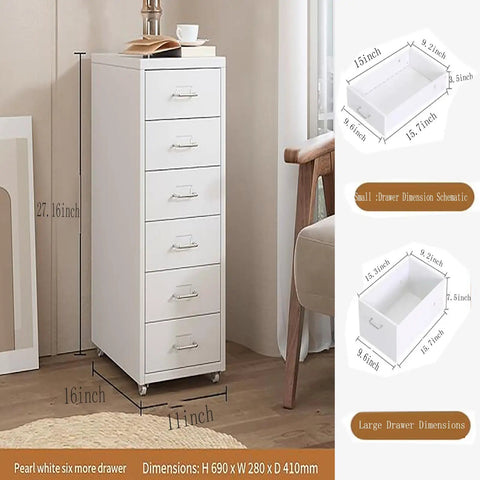 White mobile metal filing cabinet with lock and wheels, shown under desk, dimensions highlighted, ideal for home office storage.