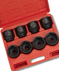 Heavy Duty Three Quarters Inch Drive Socket Set, Eight Piece Jumbo Sockets, SAE Sizes From Two And One Sixteenth Inches Through Two And A Half Inches, Chrome Moly Steel, CrMo Construction, Mechanic Grade Impact Socket Set For Tough Jobs in red case