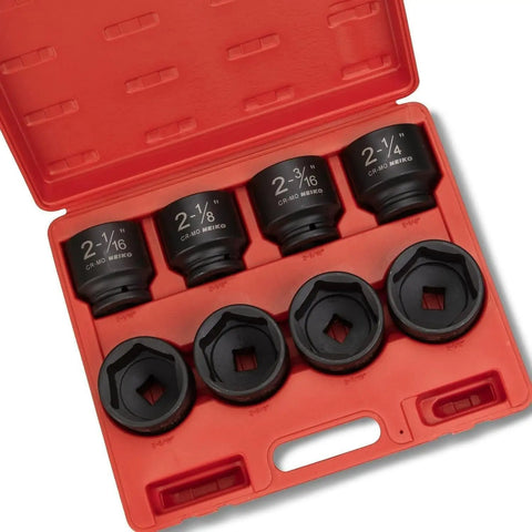 Heavy Duty Three Quarters Inch Drive Socket Set, Eight Piece Jumbo Sockets, SAE Sizes From Two And One Sixteenth Inches Through Two And A Half Inches, Chrome Moly Steel, CrMo Construction, Mechanic Grade Impact Socket Set For Tough Jobs in red case