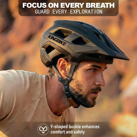 EMTB Mountain Bike Helmet NTA8776 Certified With Triple Protection worn by cyclist, matte black medium, side view