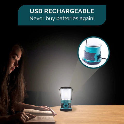 Woman reading by Beast 1500 Lumen Rechargeable LED Lantern With 12000mAh Power Bank, 360 Degree COB Lighting, teal color