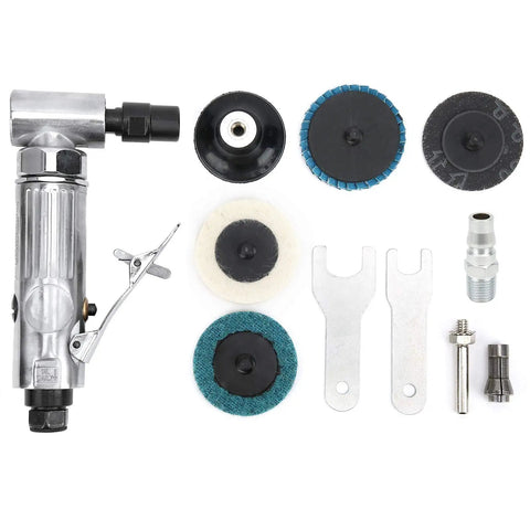 Badass Workhorse Air Powered Die Grinder With Sleek 90 Degree Bent Shaft, metal attachments, discs, and tools laid out.
