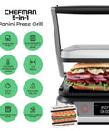 Chefman 5-in-1 Digital Panini Press Grill And Sandwich Maker With Removable Reversible Dishwasher Safe Grilling Plates and LCD display.