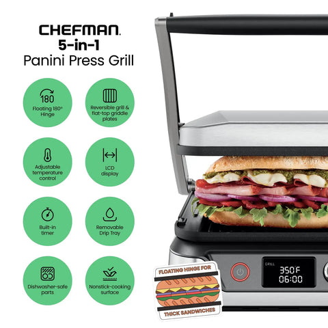 Chefman 5-in-1 Digital Panini Press Grill And Sandwich Maker With Removable Reversible Dishwasher Safe Grilling Plates and LCD display.