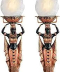 Dope Egyptian Revival Torch Offering Table Lamps Set Of Two, Art Deco sculptural maidens with glass flame shades, 22 in tall