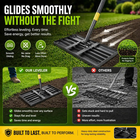Heavy Duty Stainless Steel Lawn Leveling Rake With 28 To 60 Inch Adjustable Handle No Flip Design Keeps It Flat While You Push Smooth Edge Top Dressing Tool For Yard Garden And Lawn Care, shown on grass demonstrating smooth gliding.