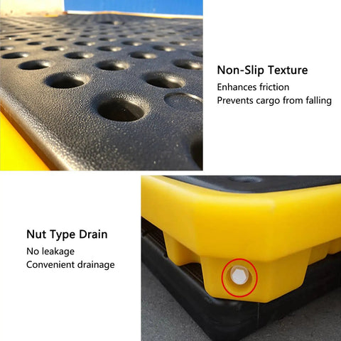 Close-up of Heavy Duty Two Drum Spill Pallet With Leakproof Polyethylene Drain Pan Tray showing non-slip texture and nut type drain.