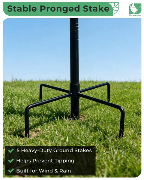 Close-up of stable pronged stake for Sturdy Metal Bird Bath Garden Stake With 12 Inch Bowl Outdoors 0.7 Gallon Capacity