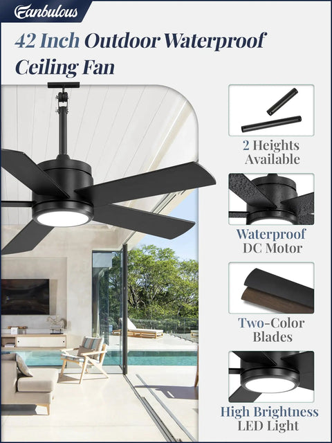 42 Inch Outdoor Ceiling Fan With Light And Remote, IP65 Waterproof Outdoor Hanging Fan For Gazebo Patio Porch Garage