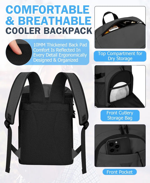 Back view of 22L Waterproof Insulated Cooler Backpack with compartments for utensils, showing padded straps and storage features
