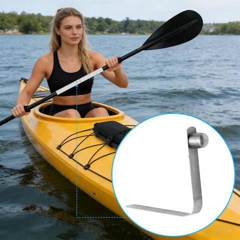 Woman kayaking with close-up of 8mm V Shape Spring Clips For Tents And Kayaks, Pole Locking Clips, Vibration Resistant Mounting Clips inset