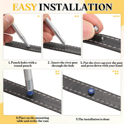 Installation steps for Hella Durable Double Cap Leather Rivets on black leather material.