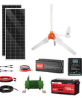 12V 600W Solar Wind Power Kit with two 100W solar panels, 400W wind turbine, 12.8V 100Ah LiFePO4 battery, 1000W inverter, MPPT controller
