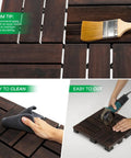 Interlocking Deck Tiles For Indoor And Outdoor Use Waterproof Acacia Wood Patio Tiles Dark Brown Checker Pattern 11.81 Inch Squares Ten Tile Set showing maintenance tips - brushing, cleaning, cutting
