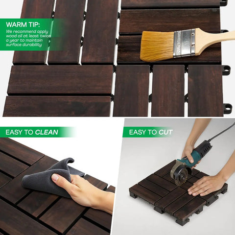 Interlocking Deck Tiles For Indoor And Outdoor Use Waterproof Acacia Wood Patio Tiles Dark Brown Checker Pattern 11.81 Inch Squares Ten Tile Set showing maintenance tips - brushing, cleaning, cutting