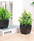 Two Pack Mini Faux Plants In Black Pots For Home Or Office Desk Decor Indoor Low Maintenance No Water Needed Realistic Artificial Plants For Bathrooms Living Rooms And Workspaces displayed on a desk with books and a cat figurine.