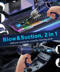 Handheld Car Vacuum Cleaner With 9000Pa Suction, 120W High Power, LED Light, And Multi Nozzles For Car Home Office Pet, shown cleaning keyboard and car interior