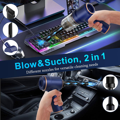 Handheld Car Vacuum Cleaner With 9000Pa Suction, 120W High Power, LED Light, And Multi Nozzles For Car Home Office Pet, shown cleaning keyboard and car interior