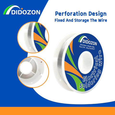 63/37 Tin Lead Rosin Core Solder Wire 0.8mm Dia 3.5oz spool with label and perforation design for easy storage.