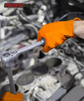 Extra Thick 8 Mil Orange Nitrile Work Gloves Heavy Duty Disposable Knit Cuff For Mechanics And Tradesmen Bulk 100 Pack gripping a ratchet in an automotive setting.