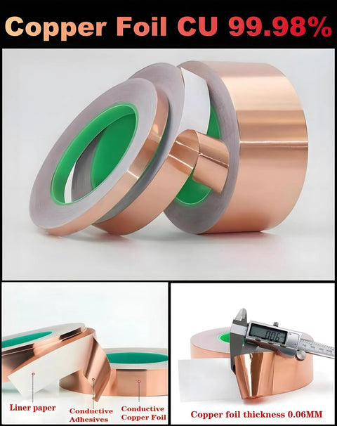 Copper foil tape rolls with green liner, 1/2 in × 50 ft each, conductive copper foil with adhesive for EMI/RFI shielding (set of 3).